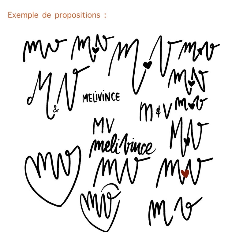 May include: A collection of handwritten logos featuring the letters "M" and "V" in various styles. Some logos include a heart symbol. The text "MELIVINCE" appears in one of the logos.