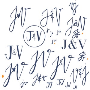 May include: A collection of different handwritten calligraphy styles featuring the letters J and V. Some of the designs include a heart, ampersand, and a circle.