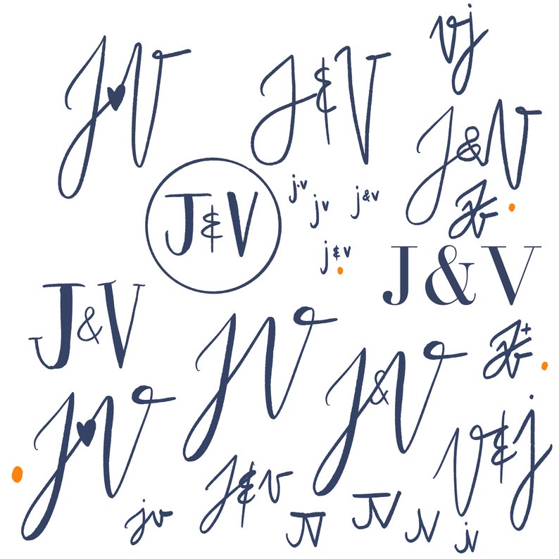 May include: A collection of different handwritten calligraphy styles featuring the letters J and V. Some of the designs include a heart, ampersand, and a circle.