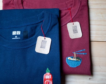 Hand-embroidered organic cotton t-shirt - Custom creation - Unique textile piece - Filled design