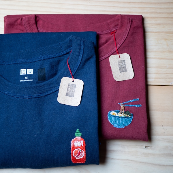 Camiseta de algodón orgánico bordada a mano, personalizable - patrón relleno