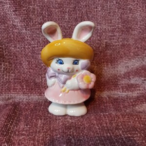 Cute Spring Bunny Girl Collectible Ceramic Figurine Hallmark Russ Berrie Easter Retro Kitsch Vintage