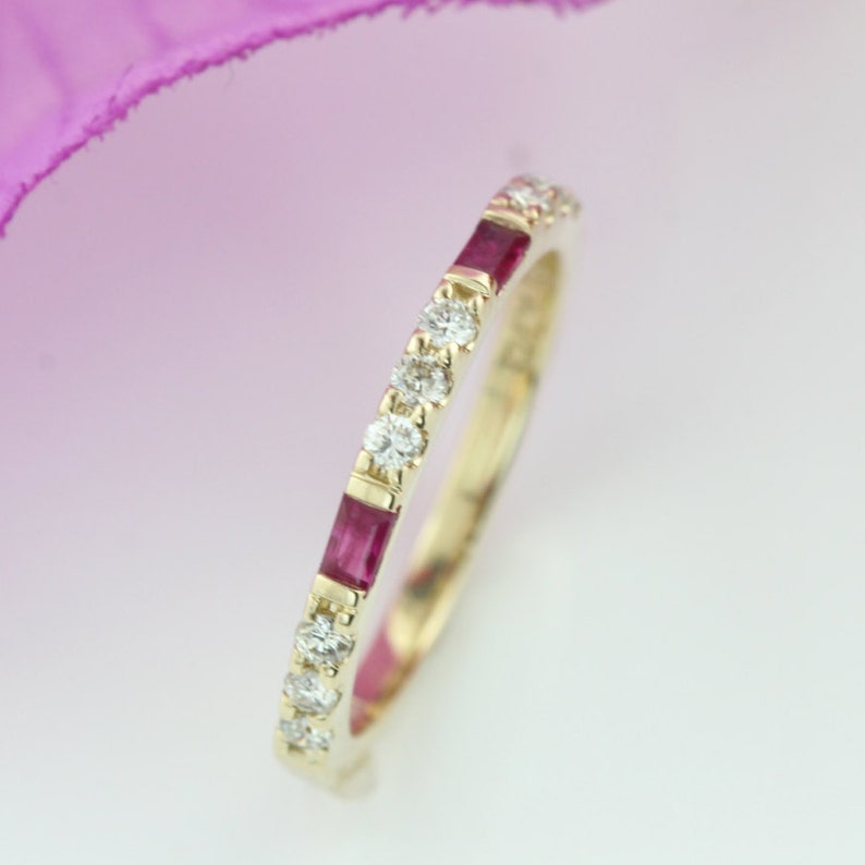 14k Yellow Gold Baguette Ruby and Diamond Stackable Ring Half | Etsy