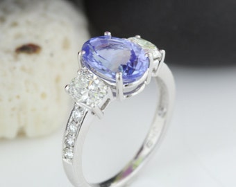 3 stone Oval Tanzanite Ring with Diamonds in 14kt White Gold, 4.30 Carts TW Natural Oval Tanzanite with 2 Side Oval Diamonds Engagement Ring 3 stone Oval Tanzanite Ring with Diamonds in 14kt White Gold, 4.30 Carts TW Natural Oval Tanzanite with 2 Side Oval Diamonds Engagement Ring