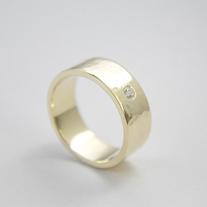 10k yellow gold hammered band with diamond, large ring, hammered band, hammered ring, hammered diamond band, gold and diamond band, hammered