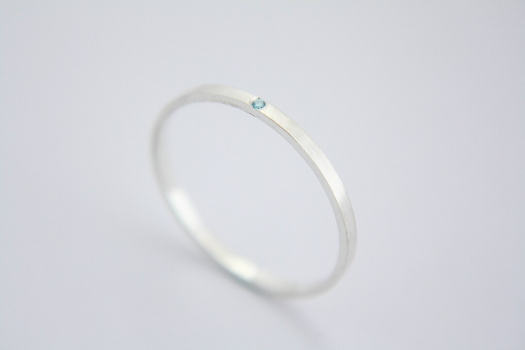 Stackable Gold Brushed Ring With Diamond Aqua Blue Diamond / Gold ...