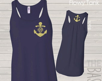 monogram anchor tank gold sparkly - flowy bella tank - anchor monogram front and anchor back tank top MONATF