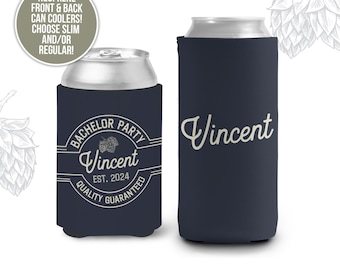 May include: Two navy blue neoprene can coolers. One cooler has the text "Bachelor Party Vincent Est. 2024 Quality Guaranteed" with a small hop graphic. The other cooler has the name "Vincent" in a cursive font.