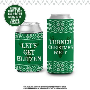Festive holiday can coolies | christmas sweater beverage can coolers | let&#39;s get blitzen personalized slim or regular size coolies MCC-036