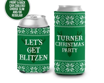 Festive holiday can coolies | christmas sweater beverage can coolers | let's get blitzen personalized slim or regular size coolies MCC-036