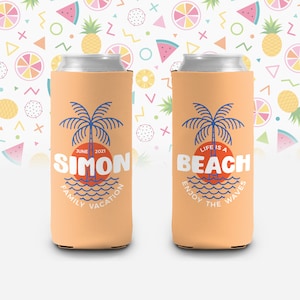 Vacation can coolies | life is a beach family vacation can coolers | enjoy the waves personalized slim or regular size can coolies MCC-158