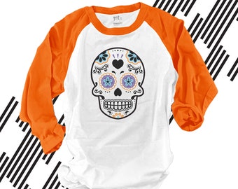Halloween sugar skull colorful adult unisex raglan shirt - perfect for Halloween and Day of the Dead 22SNLF-115-R