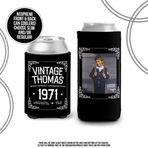 Vintage personalized photo birthday party picture can coolies, for any age beverage insulators 30th birthday, 40th birthday party MCC-053
