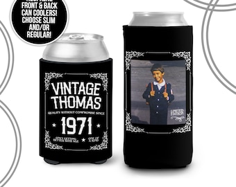 Vintage personalized photo birthday party picture can coolies, for any age beverage insulators 30th birthday, 40th birthday party MCC-053
