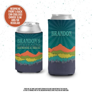 Bachelor party can coolies | mountain mayhem expedition beverage insulators | personalized slim or regular can size party favors MCC-187