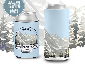 Bachelor party can coolies | snowy mountains ski trip beverage insulators | personalized slim or regular can size party favors MCC-207