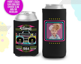Boombox 40th birthday photo slim or regular can coolie | personalized nostalgia can cooler | any age birthday party favor can cooler MCC-274