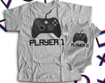 Video game player 1 and player 2 matching dad and kiddo t-shirt or bodysuit gift set - great Father's Day gift for dad 22FD-005-Set