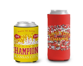 May include: Two yellow and red can coolers. The left cooler has the text "Back to Back" and "Champion Kansas City" with the numbers "LVII" and "LVIII". The right cooler has the text "Kansas City Champs" with the numbers "20 LVII 23".