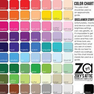 May include: Color chart with 64 color swatches arranged in a grid. Each swatch is labeled with a color name, such as crimson, apple, red red, salmon, blush, apricot, light peach, cinnamon, orange, tangerine, peach, goldenrod, yellow, maize, magenta, hot pink, pinky pie, light pink, rose, cotton candy, soft rose, eggplant, violet, grape, purple, lilac, lavendar, light lilac, navy, royal, majestic, ocean, turquoise, aqua, robins egg, cornflower, cerulian, sky, powder, periwinkle, ice, bluemist, forest, bottle, dull, grass, kiwi, sage, mint, olive, yellow green, lime, butter, cream, beige, sand, brown, walnut, mocha, buff, graphite, silver, graymist, white, black. The chart is titled "Color Chart" and includes a disclaimer about monitor and device color settings.