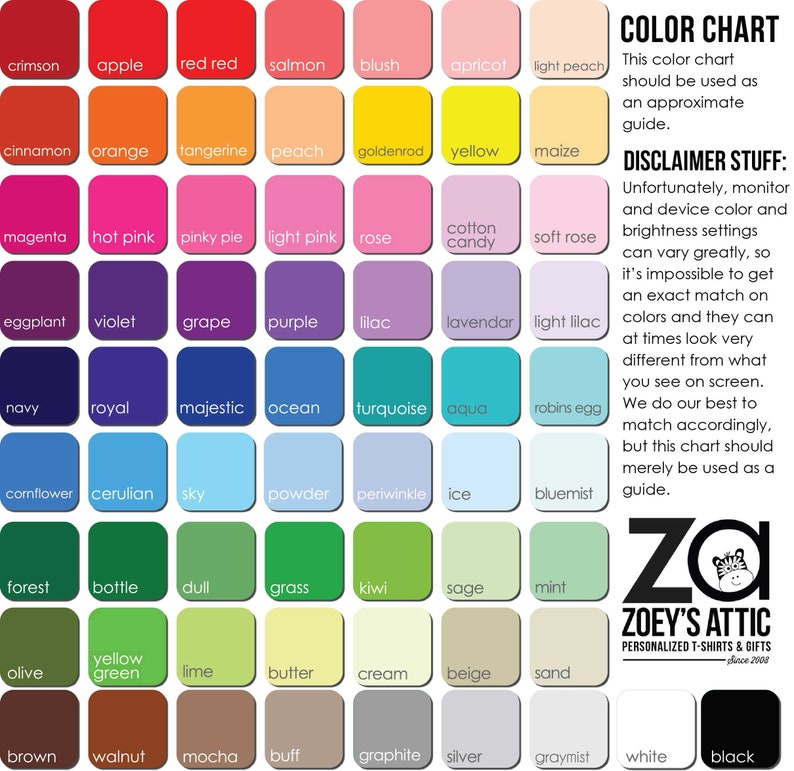 May include: Color chart with 64 color swatches arranged in a grid. Each swatch is labeled with a color name, such as crimson, apple, red red, salmon, blush, apricot, light peach, cinnamon, orange, tangerine, peach, goldenrod, yellow, maize, magenta, hot pink, pinky pie, light pink, rose, cotton candy, soft rose, eggplant, violet, grape, purple, lilac, lavendar, light lilac, navy, royal, majestic, ocean, turquoise, aqua, robins egg, cornflower, cerulian, sky, powder, periwinkle, ice, bluemist, forest, bottle, dull, grass, kiwi, sage, mint, olive, yellow green, lime, butter, cream, beige, sand, brown, walnut, mocha, buff, graphite, silver, graymist, white, black. The chart is titled "Color Chart" and includes a disclaimer about monitor and device color settings.