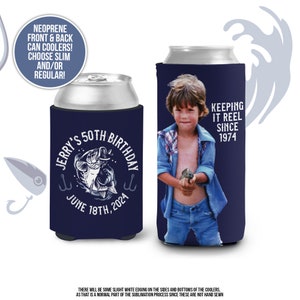 Fishing Birthday coolies 30 40th 50th birthday party photo can coolers | personalized keeping it reel any birthday slim or regular coolie