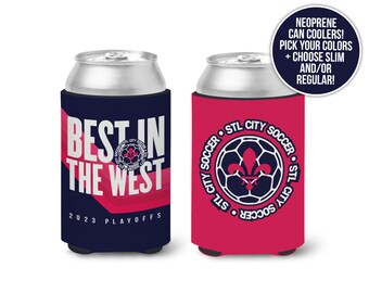 Saint Louis soccer can coolies | stl city 2023 playoffs beverage insulators | best in west stl sc slim or regular can size coolies MCC-290