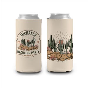 May include: A beige can cooler with a desert scene featuring cacti and a setting sun. The text "MICHAEL'S BACHELOR PARTY SCOTTSDALE, AZ" is printed on the cooler.