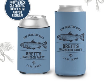 Bachelor party can coolies | she took the bait fishing personalized beverage insulators | slim or regular can size party favors MCC-202