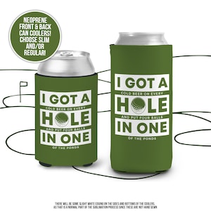 Bachelor or birthday party can coolies | funny hole in one golf beverage insulators | slim or regular can size party favors MCC-205