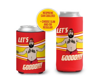 let's gooooo funny jason kelce shirtless can coolies | kc football chiefs beverage insulators | tailgating 12oz slim or regular size MCC-295