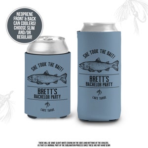 Bachelor party can coolies | she took the bait fishing personalized beverage insulators | slim or regular can size party favors MCC-202