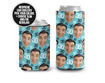 Enfriadores de latas con caras divertidas y pequeñas con imagen de cumpleaños número 30, refrigeradores de latas repetitivos, regalos personalizados para cumpleaños y fiestas, tamaño delgado o regular