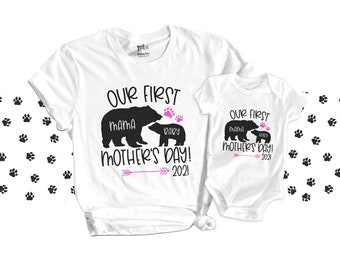 First Mothers Day mommy baby girl bear matching shirt and bodysuit gift set - fun Mothers Day gift for mom 22MD-044-BG