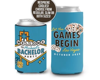 Enfriadores de latas para despedida de soltero en Las Vegas, diseño de letrero de bienvenida personalizado: "Que comiencen los juegos". Neopreno, tamaños delgado y regular, personalizados en Las Vegas.