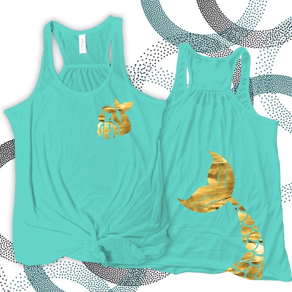 Monogram gold foil mermaid tail bella flowy tank top front and back tank top - fun for beach vacation or girls weekend MTMONF