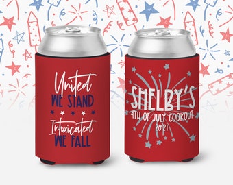 Fourth of July can coolies | 4th of July cookout can coolers | intoxicated we fall personalized slim or regular size can coolies MCC-162