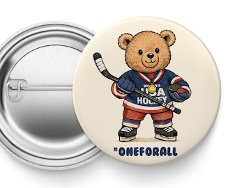 Botón de oso de hockey con medalla de oro / Lindo botón de fanático del hockey / Botón deportivo de Girl Power / Pin #OneForAll / Regalo para amantes del hockey