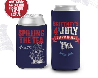 Fourth of July can coolies | July 4th backyard BBQ can coolers | spilling the tea personalized slim or regular size can coolies MCC-159
