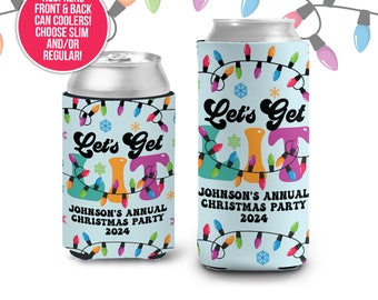 May include: A blue and white can cooler with a Christmas lights design. The text "Let's Get Lit" is in a retro font. The text "Johnson's Annual Christmas Party 2024" is also on the cooler.
