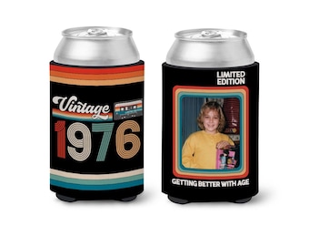 Personalized Birthday Can Cooler | Custom Photo Can Coolie | Retro vintage Birthday Party Favor | 30th 40th 50th Birthday Slim Regular Size