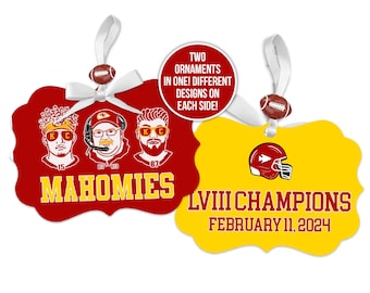 kansas city football christmas ornament champions LVIII 2023-2024 funny two sided mahomies and champions 2023 ornaments two ornaments in one