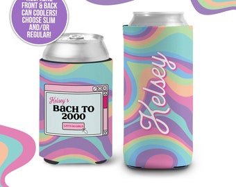 Bachelorette party can coolies | bach to 2000 theme groovy personalized beverage insulators | slim or regular can size party favors MCC-193