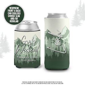 Bachelorette party can coolies | Girls Weekend mountain custom beverage insulators | slim or regular size bachelorette party favors MCC-276