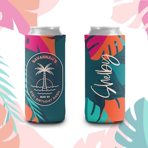 21st birthday bash can coolies tropical palm beach party can coolers personalized birthday slim or regular size can coolies MCC-169 image 1