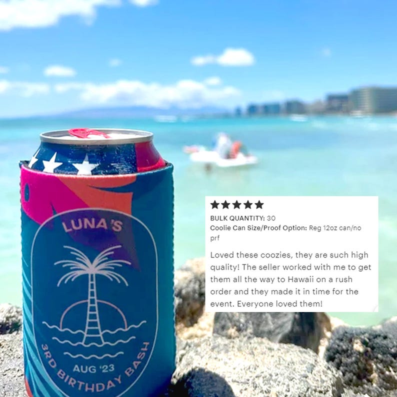 May include: A blue and pink can cooler with a palm tree and the text "LUNA'S 3RD BIRTHDAY BASH AUG '23" printed on it.