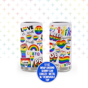 Pride LGBTQ drinkware | love wins love is love stainless steel skinny can cooler | rainbow metal skinny can cooler removable top