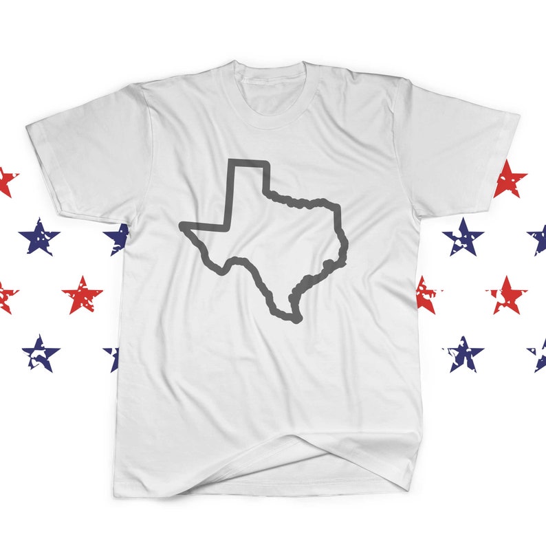 Op de afbeelding: Wit T-shirt met een grijze omtrek van de staat Texas.