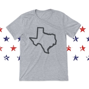 Op de afbeelding: Een grijs t-shirt met een zwarte omtrek van de staat Texas.