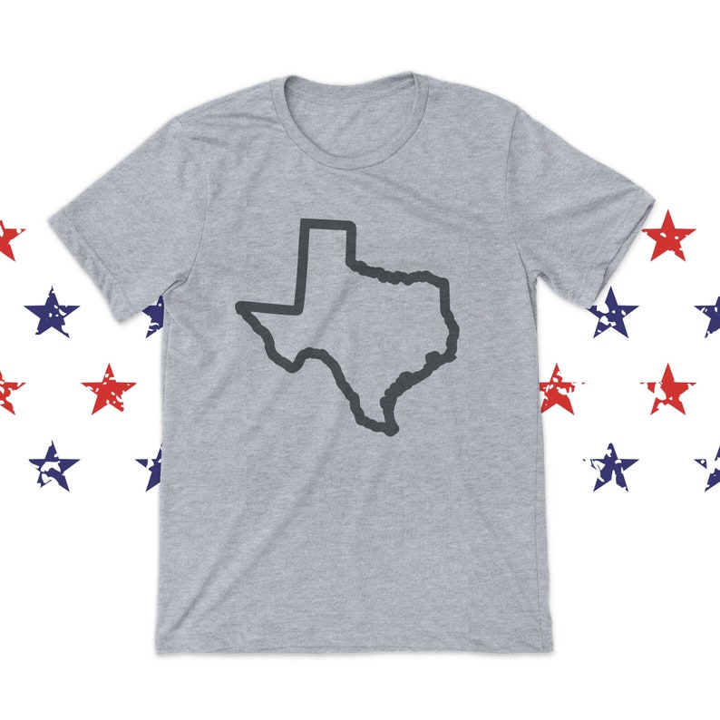 Op de afbeelding: Een grijs t-shirt met een zwarte omtrek van de staat Texas.